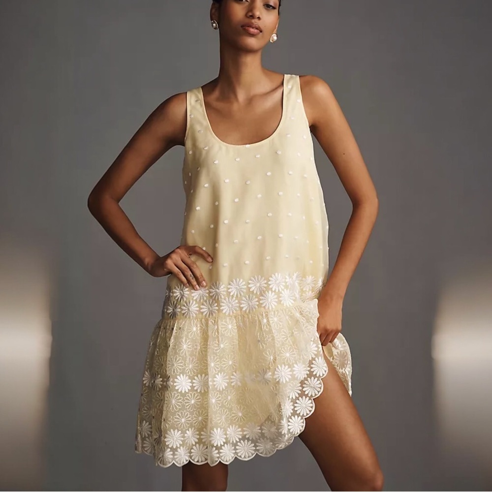Anthropologie x Maeve Sleeveless Scoop Daisy Border Drop-Waist Mini Dress L